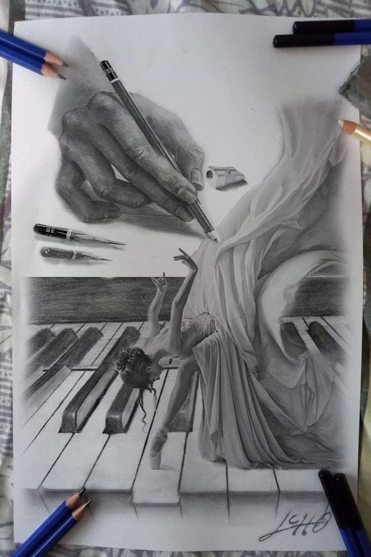 sketch drawing of a hand drawing a ballerina on the piano keys